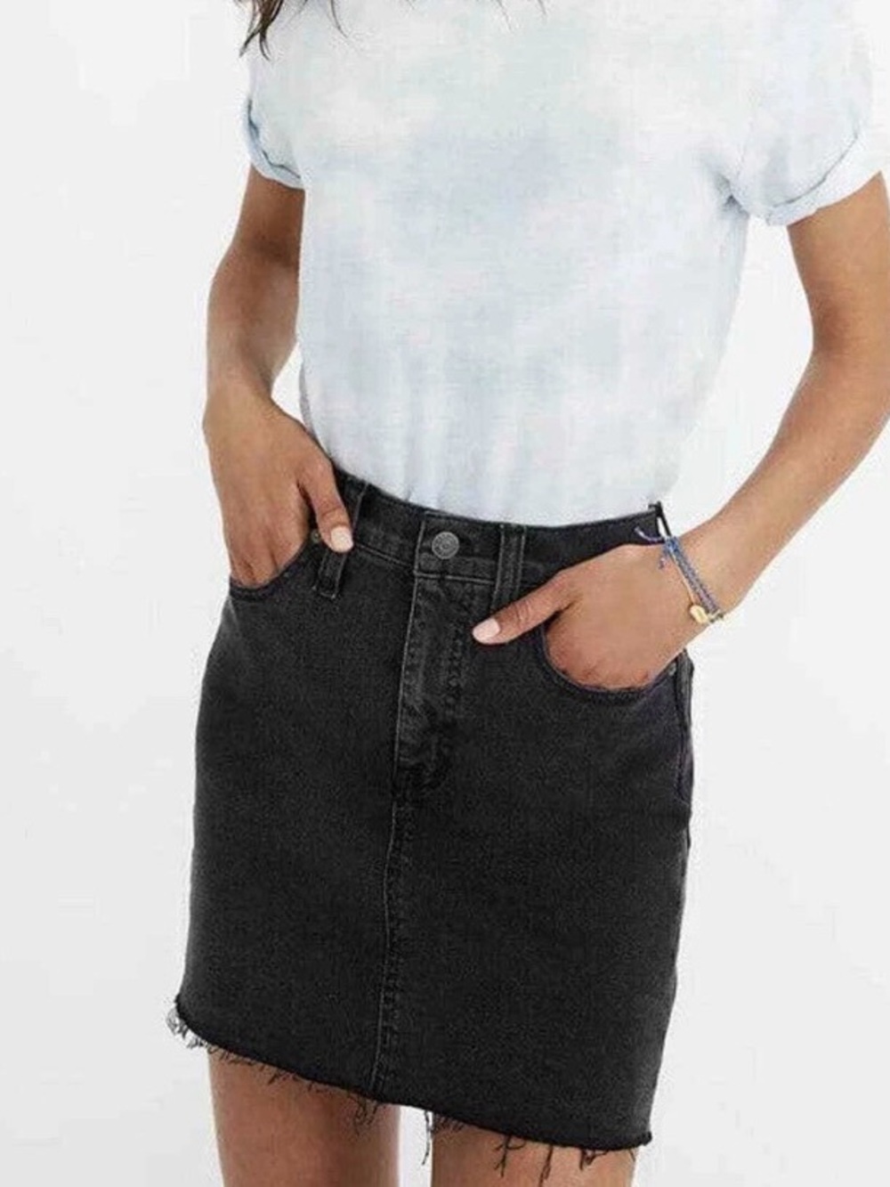 Madewell Black Stretch Denim Mini Skirt with Raw Hem Sz 24” L4546 Boho Casual